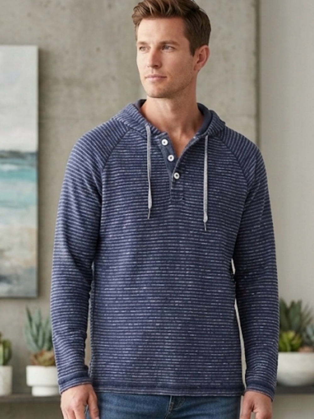 Tommy Bahama Men’s Striped Hooded Henley Sweatshirt – Blue, Size Medium